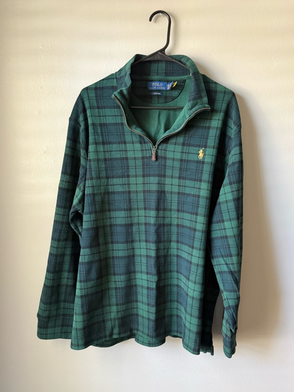 Ralph Lauren Polo Men’s XL Green Plaid Estate Rib Quarter Zip Pullover & Hanger